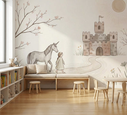 Unicorn Şatolu Poster Duvar Kağıdı Pastel Çocuk Odası