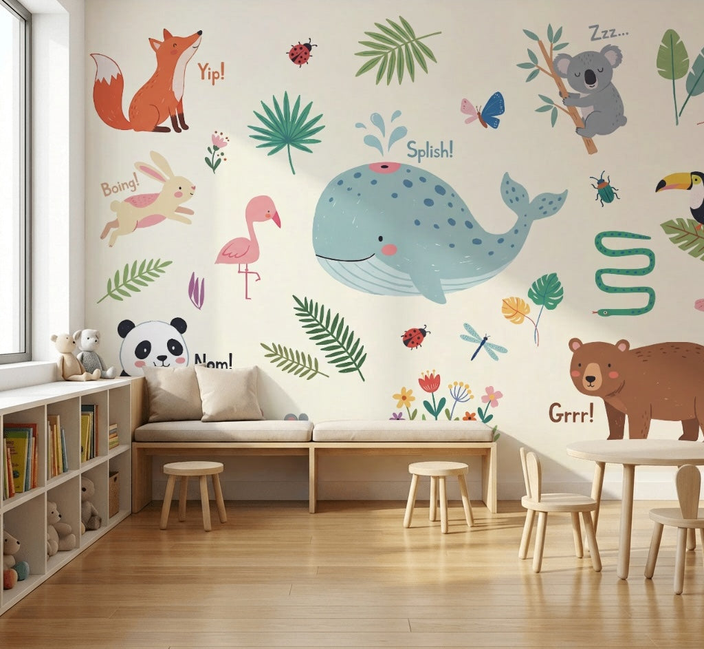 Sevimli Hayvanlı Poster Duvar Kağıdı Pastel Çocuk Odası Duvar Muralı