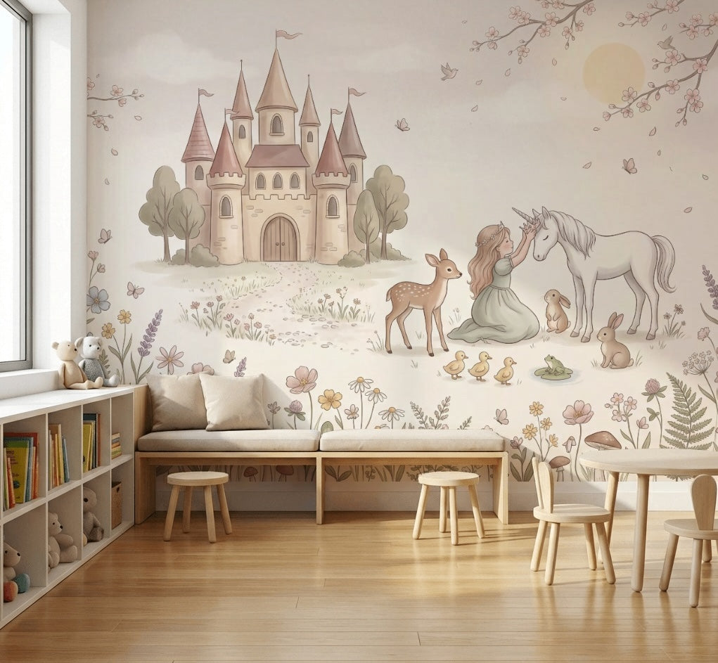 Unicorn Şato Temalı Poster Duvar Kağıdı Pastel Çocuk Odası