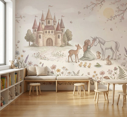 Unicorn Şato Temalı Poster Duvar Kağıdı Pastel Çocuk Odası