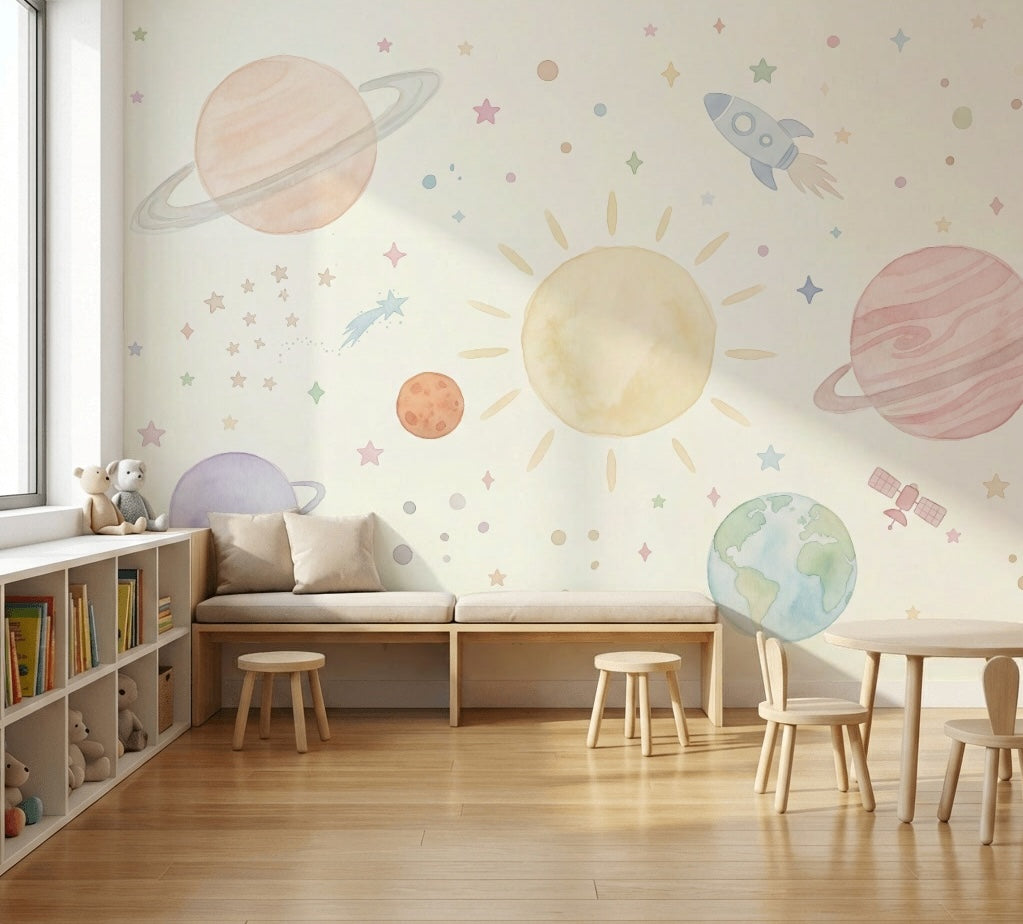 Pastel Uzay Temalı Poster Duvar Kağıdı Çocuk Odası Gezegenli