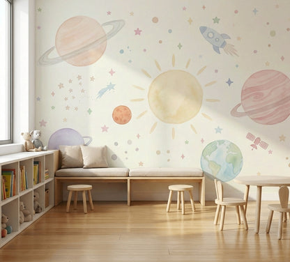 Pastel Uzay Temalı Poster Duvar Kağıdı Çocuk Odası Gezegenli
