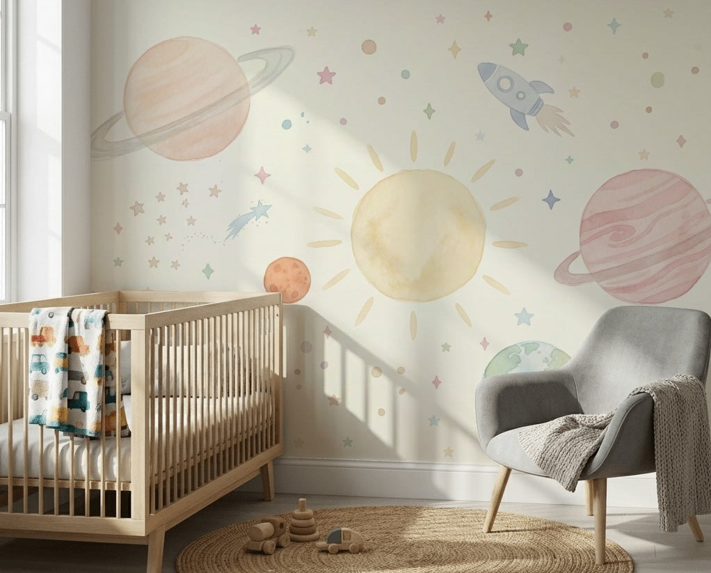 Pastel Uzay Temalı Poster Duvar Kağıdı Çocuk Odası Gezegenli