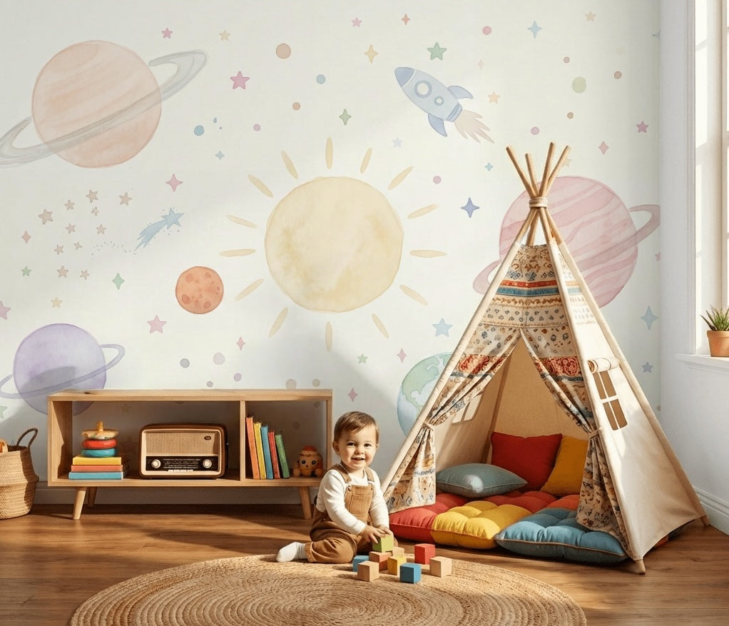 Pastel Uzay Temalı Poster Duvar Kağıdı Çocuk Odası Gezegenli
