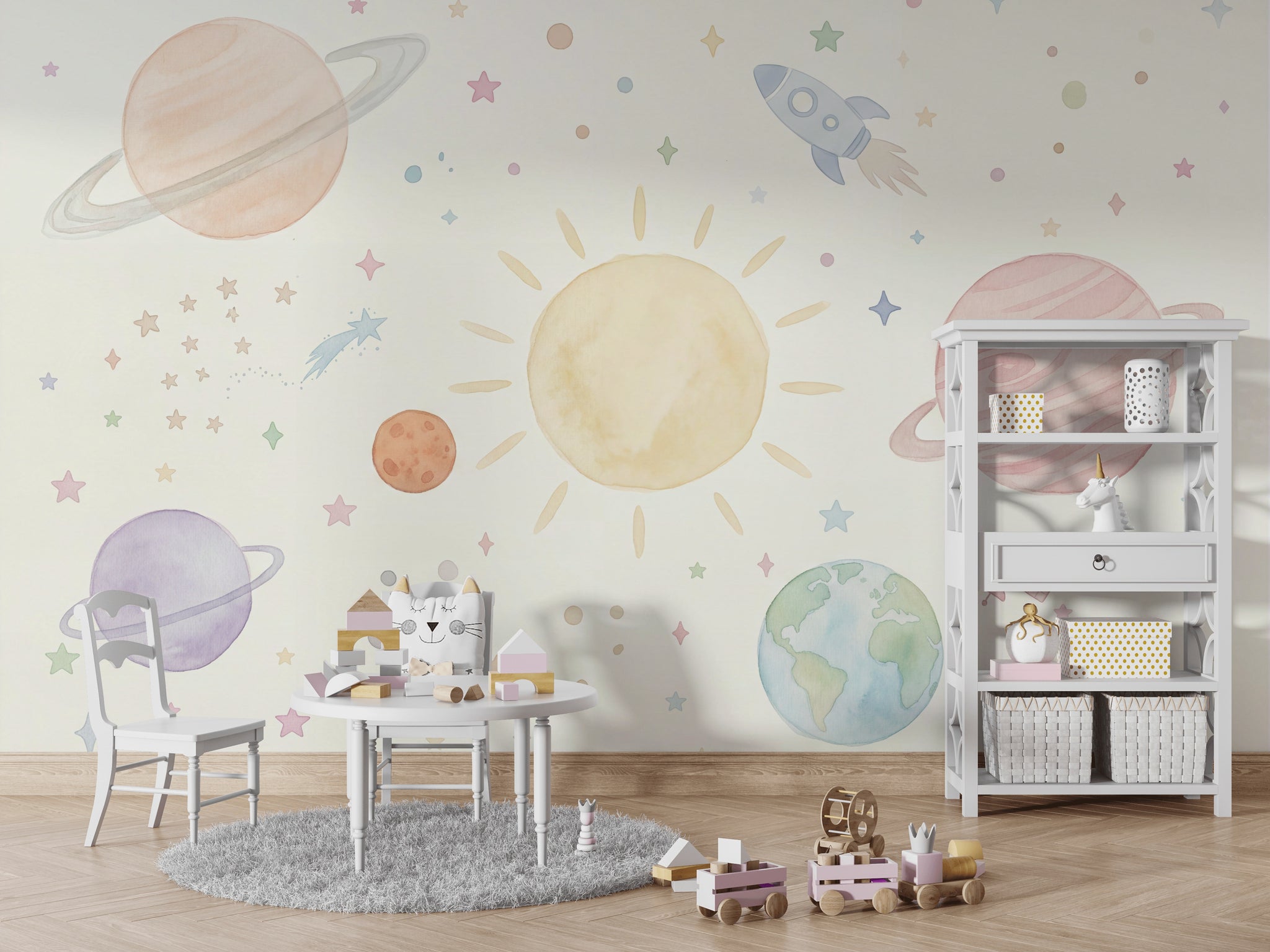 Pastel Uzay Temalı Poster Duvar Kağıdı Çocuk Odası Gezegenli