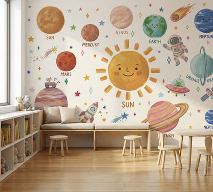 Güneş Sistemi Poster Duvar Kağıdı Renkli Uzay Çocuk Odası