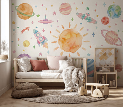Uzay Temalı Poster Duvar Kağıdı Pastel Çocuk Odası Desenli