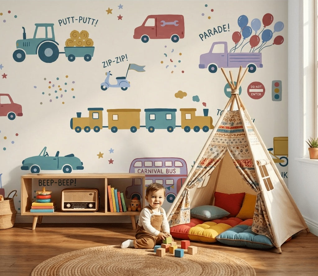 Araçlı Çocuk Odası Poster Duvar Kağıdı Renkli Desenli