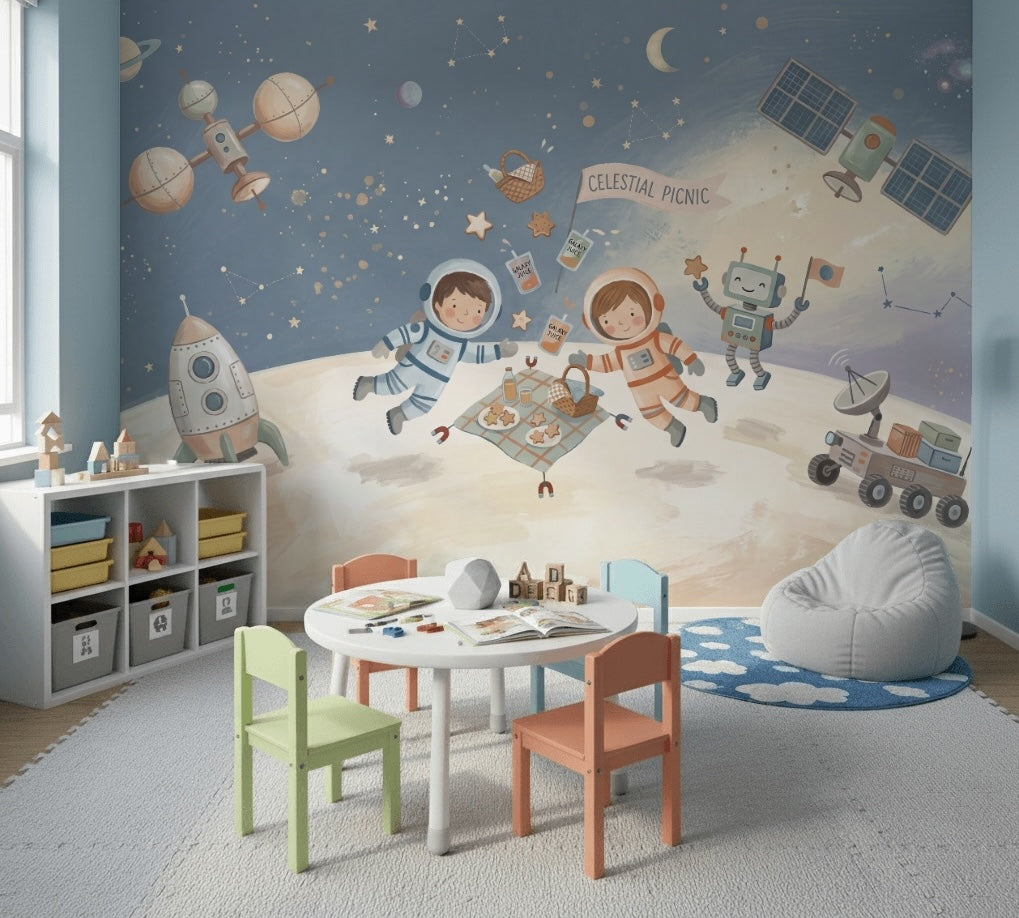 Astronotlu Uzay Temalı Poster Duvar Kağıdı Çocuk Odası Lacivert