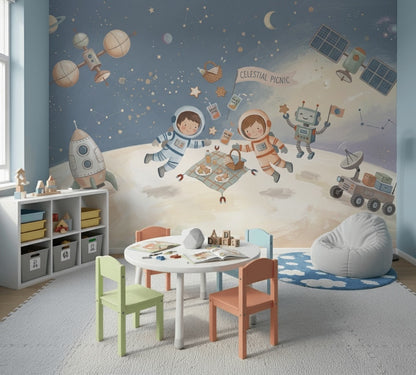 Astronotlu Uzay Temalı Poster Duvar Kağıdı Çocuk Odası Lacivert