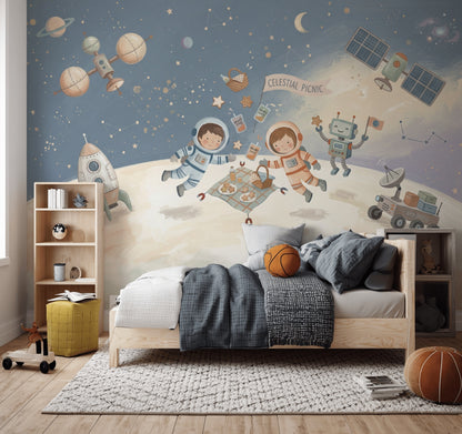 Astronotlu Uzay Temalı Poster Duvar Kağıdı Çocuk Odası Lacivert