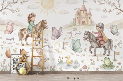 Masal Şatosu ve Atlı Çocuklar Poster Duvar Kağıdı Pastel