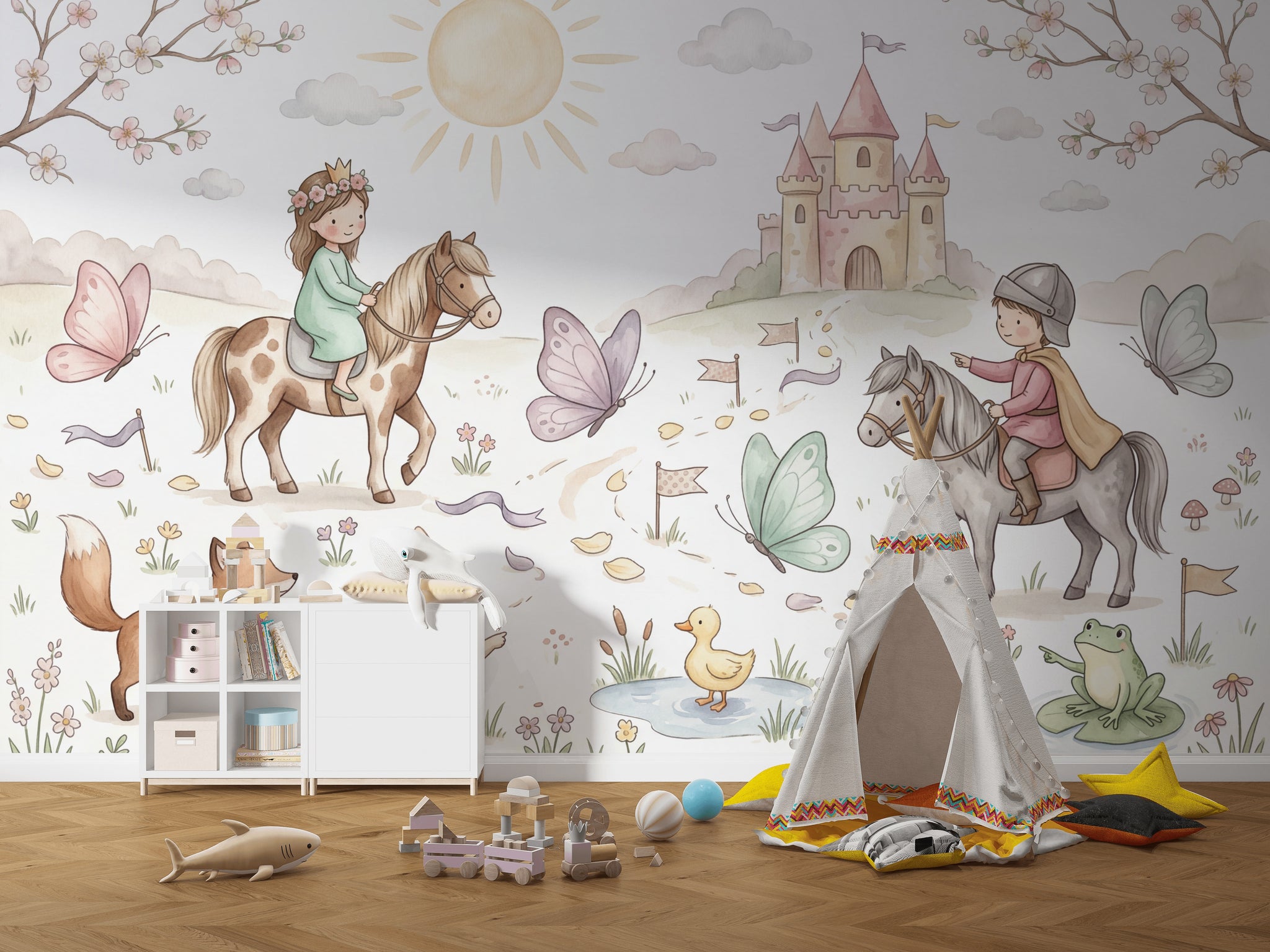 Masal Şatosu ve Atlı Çocuklar Poster Duvar Kağıdı Pastel