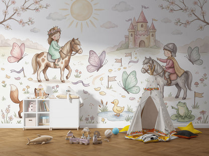Masal Şatosu ve Atlı Çocuklar Poster Duvar Kağıdı Pastel
