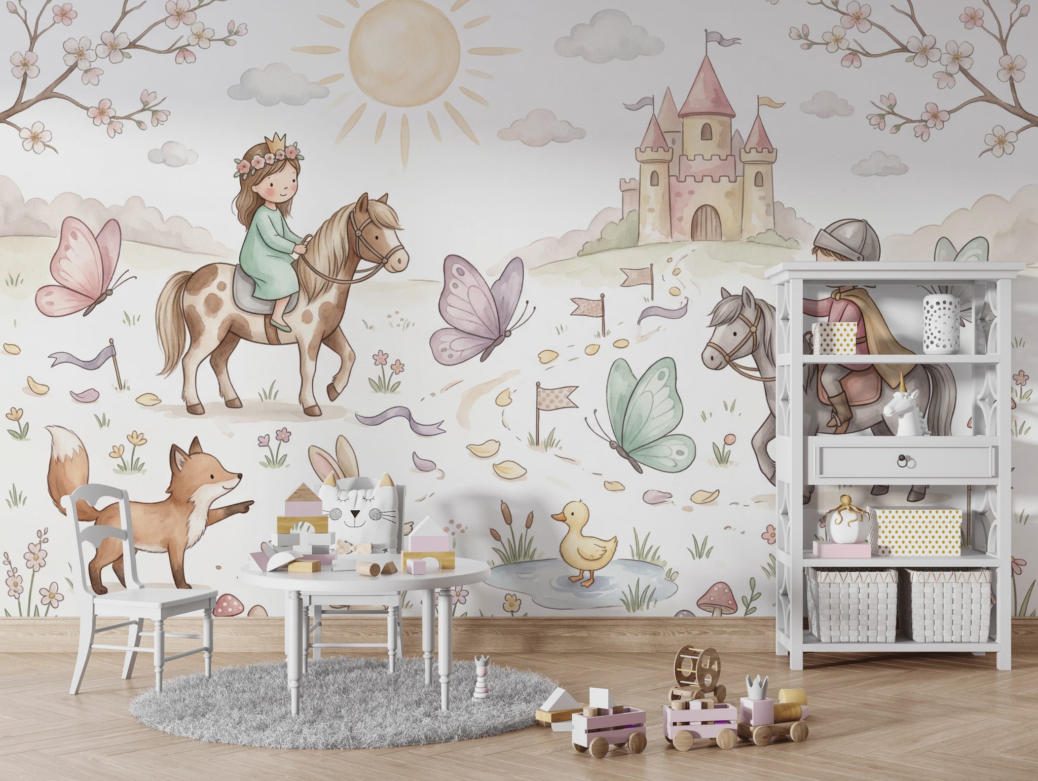 Masal Şatosu ve Atlı Çocuklar Poster Duvar Kağıdı Pastel