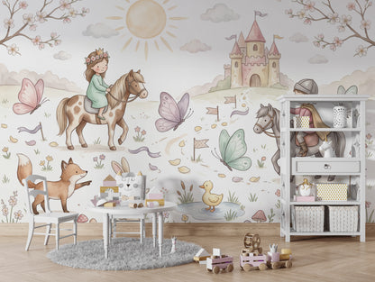 Masal Şatosu ve Atlı Çocuklar Poster Duvar Kağıdı Pastel