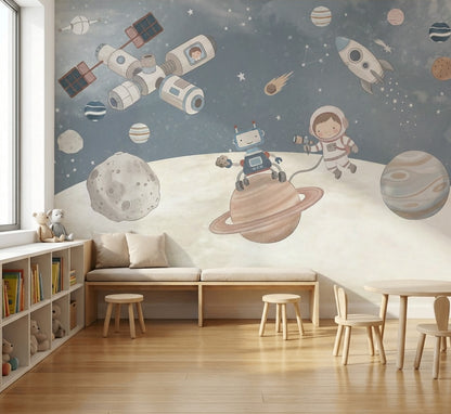 Uzay Temalı Poster Duvar Kağıdı Astronotlu Çocuk Odası Lacivert