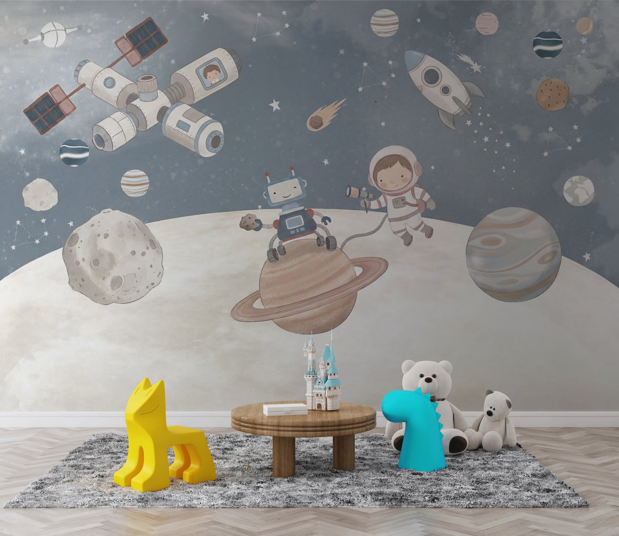 Uzay Temalı Poster Duvar Kağıdı Astronotlu Çocuk Odası Lacivert