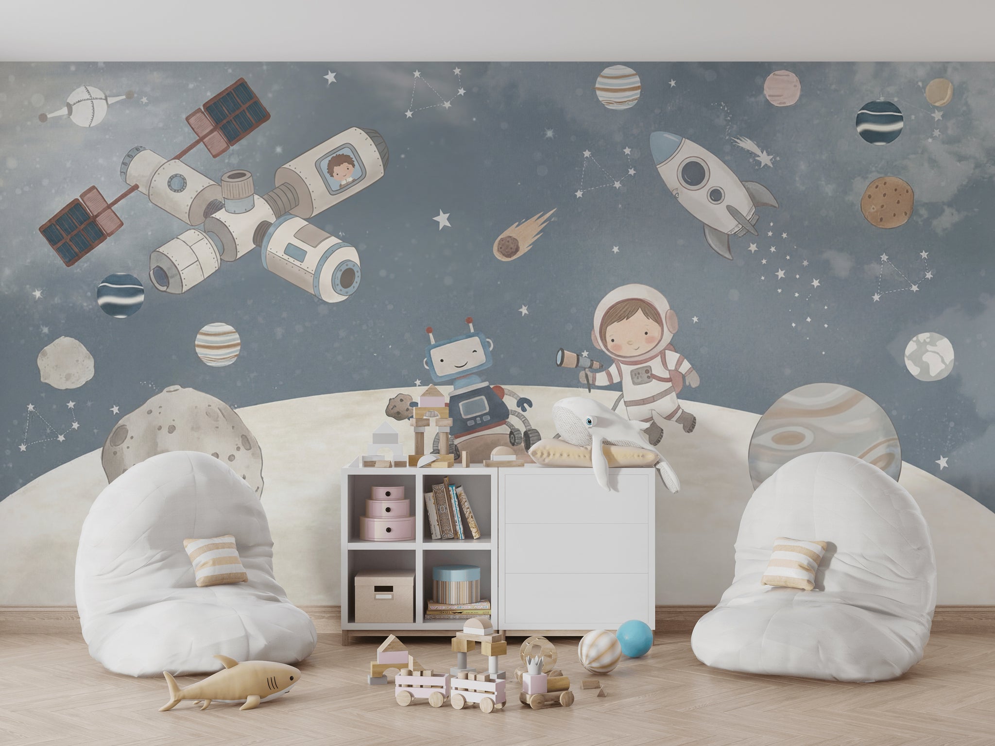 Uzay Temalı Poster Duvar Kağıdı Astronotlu Çocuk Odası Lacivert