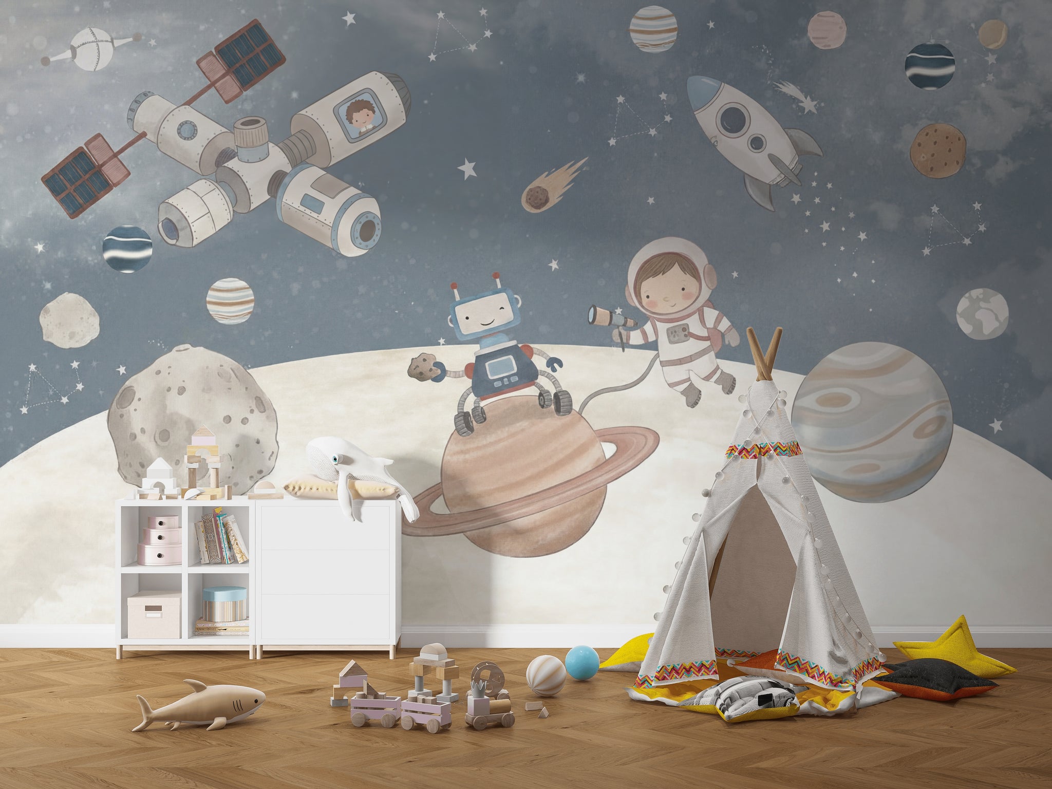 Uzay Temalı Poster Duvar Kağıdı Astronotlu Çocuk Odası Lacivert