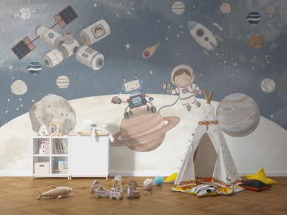 Uzay Temalı Poster Duvar Kağıdı Astronotlu Çocuk Odası Lacivert