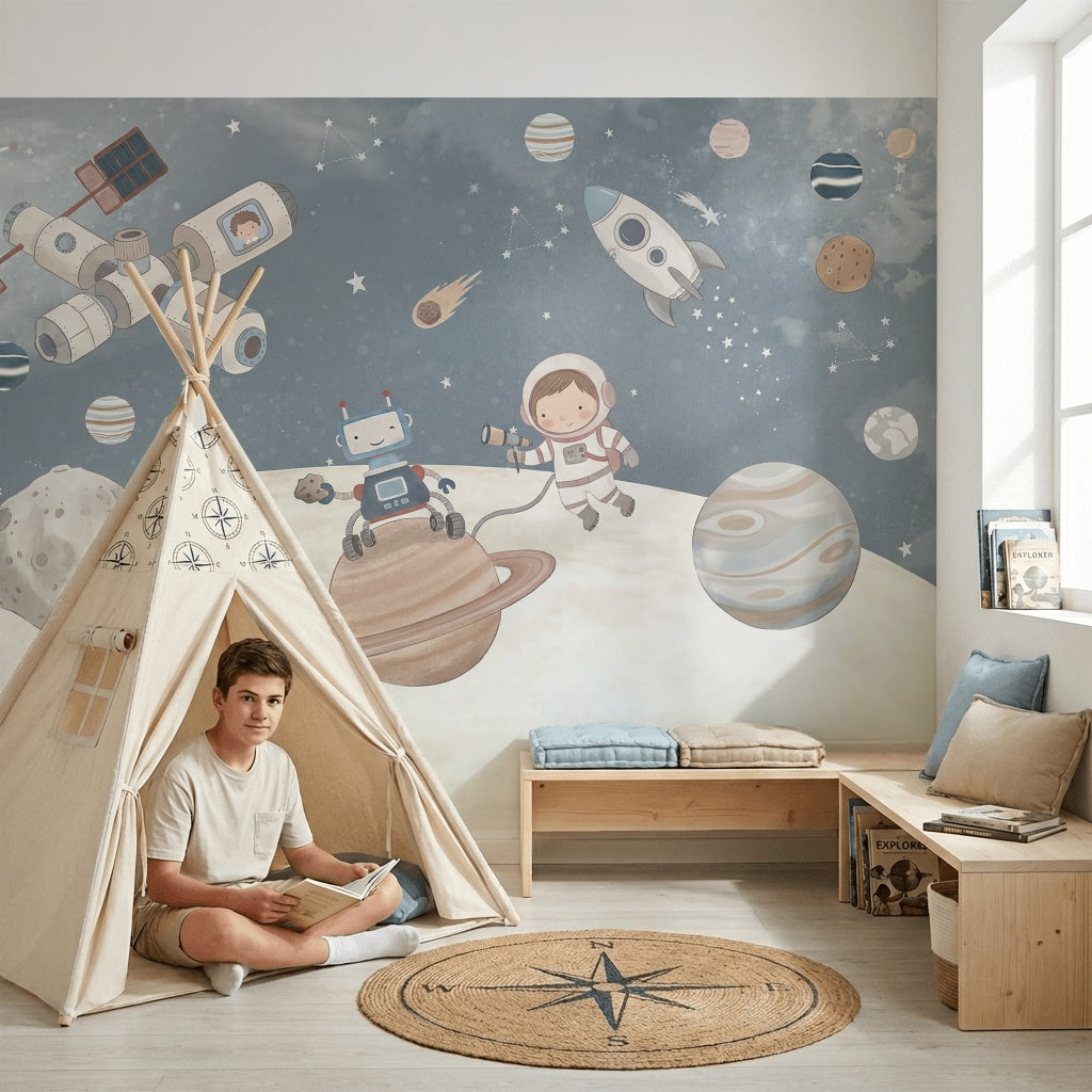 Uzay Temalı Poster Duvar Kağıdı Astronotlu Çocuk Odası Lacivert