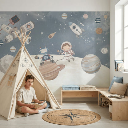 Uzay Temalı Poster Duvar Kağıdı Astronotlu Çocuk Odası Lacivert