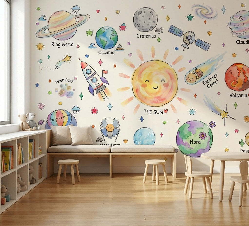 Güneş ve Gezegenler Poster Duvar Kağıdı Renkli Çocuk Odası