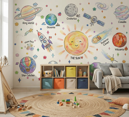 Güneş ve Gezegenler Poster Duvar Kağıdı Renkli Çocuk Odası