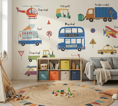 Araçlı Poster Duvar Kağıdı Renkli Çocuk Odası Desenli