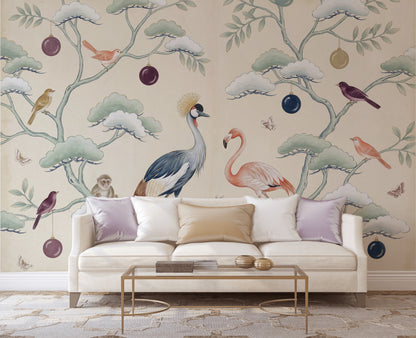Kuş ve Flamingo Desenli Poster Duvar Kağıdı Bej Salon
