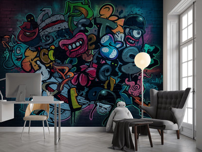 Renkli Grafiti Poster Duvar Kağıdı Tuğla Duvar Görünümlü