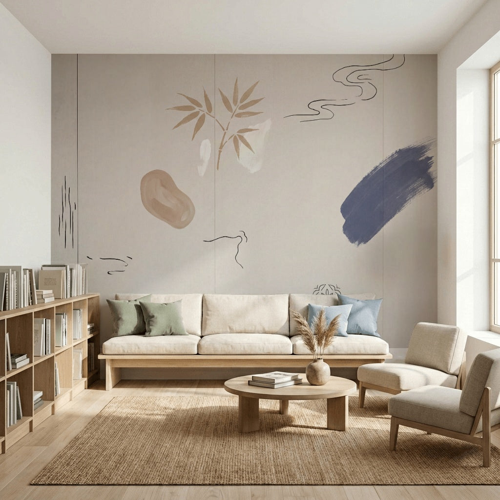 Minimal Soyut Fırça Darbeli Poster Duvar Kağıdı Bej Lacivert