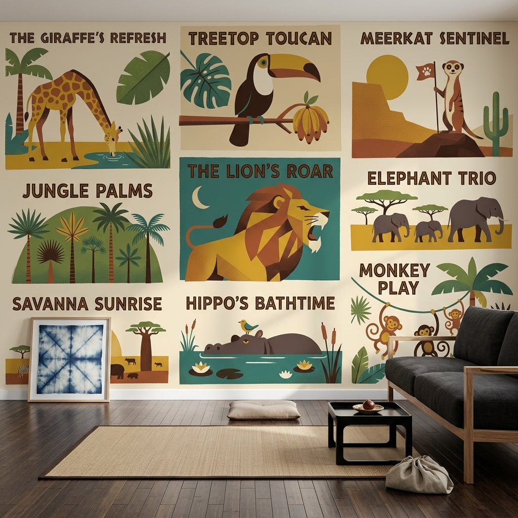 Safari Hayvanları Poster Duvar Kağıdı Çocuk Odası Retro Çizim