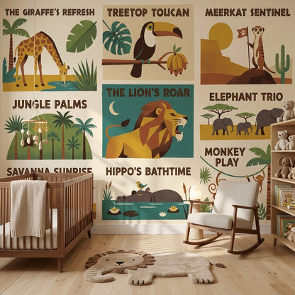 Safari Hayvanları Poster Duvar Kağıdı Çocuk Odası Retro Çizim