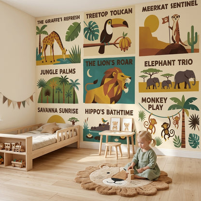 Safari Hayvanları Poster Duvar Kağıdı Çocuk Odası Retro Çizim