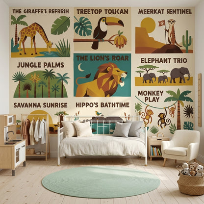 Safari Hayvanları Poster Duvar Kağıdı Çocuk Odası Retro Çizim