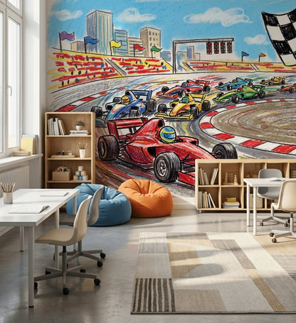 Yarış Arabalı Poster Duvar Kağıdı Renkli Çocuk Odası Desenli