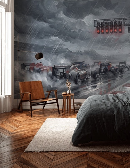 Yağmurlu Formula Yarışı Poster Duvar Kağıdı Gri Spor Salon