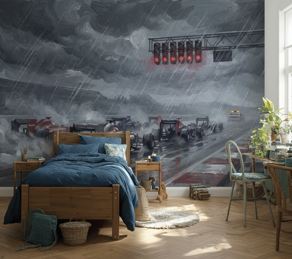 Yağmurlu Formula Yarışı Poster Duvar Kağıdı Gri Spor Salon
