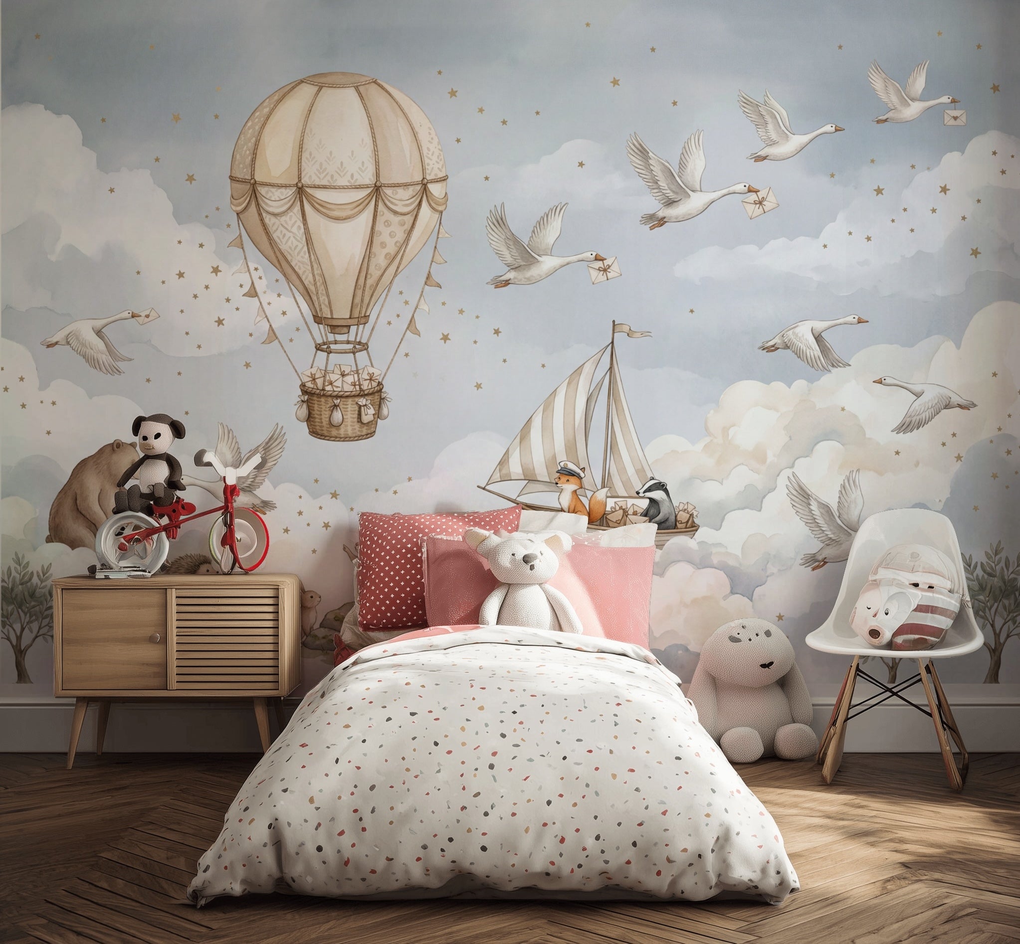 Bulutlu Balon ve Kuşlu Poster Duvar Kağıdı Bebek Odası