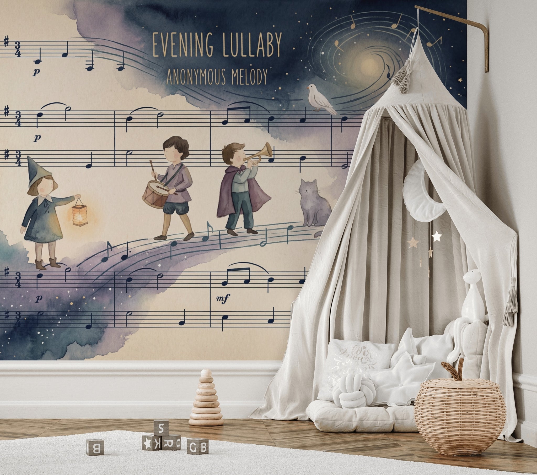 Müzik Notası ve Çocuk Figürlü Poster Duvar Kağıdı Lacivert