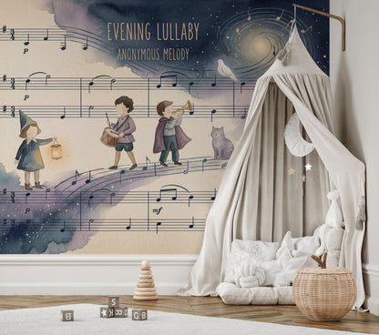 Müzik Notası ve Çocuk Figürlü Poster Duvar Kağıdı Lacivert