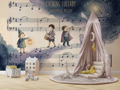 Müzik Notası ve Çocuk Figürlü Poster Duvar Kağıdı Lacivert