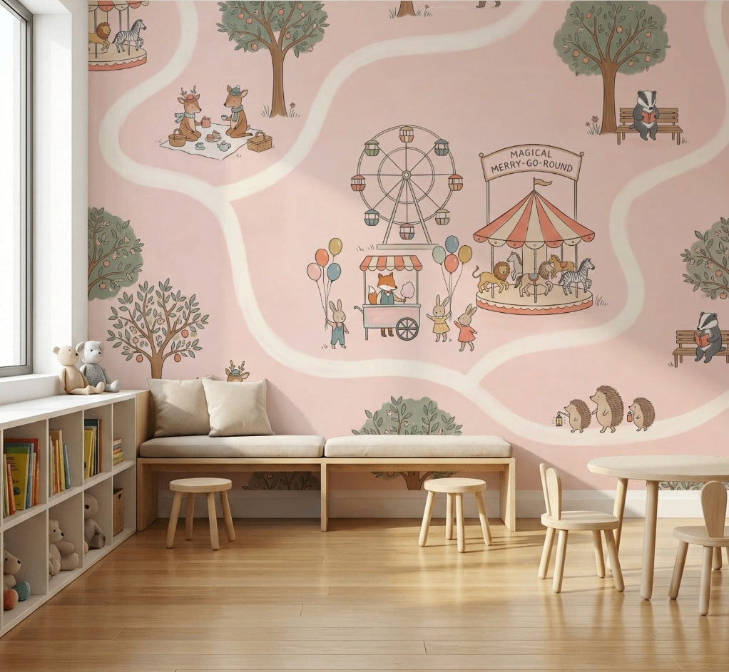 Hayvanlı Lunapark Poster Duvar Kağıdı Pudra Pembe Çocuk Odası
