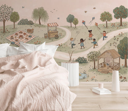 Parkta Uçurtmalı Çocuklar Poster Duvar Kağıdı Pastel Çocuk Odası
