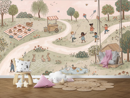 Parkta Uçurtmalı Çocuklar Poster Duvar Kağıdı Pastel Çocuk Odası