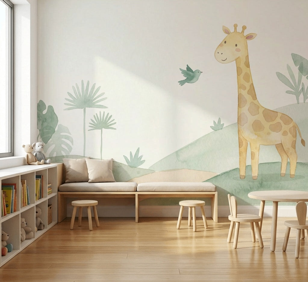 Zürafalı Poster Duvar Kağıdı Pastel Yeşil Bebek Odası