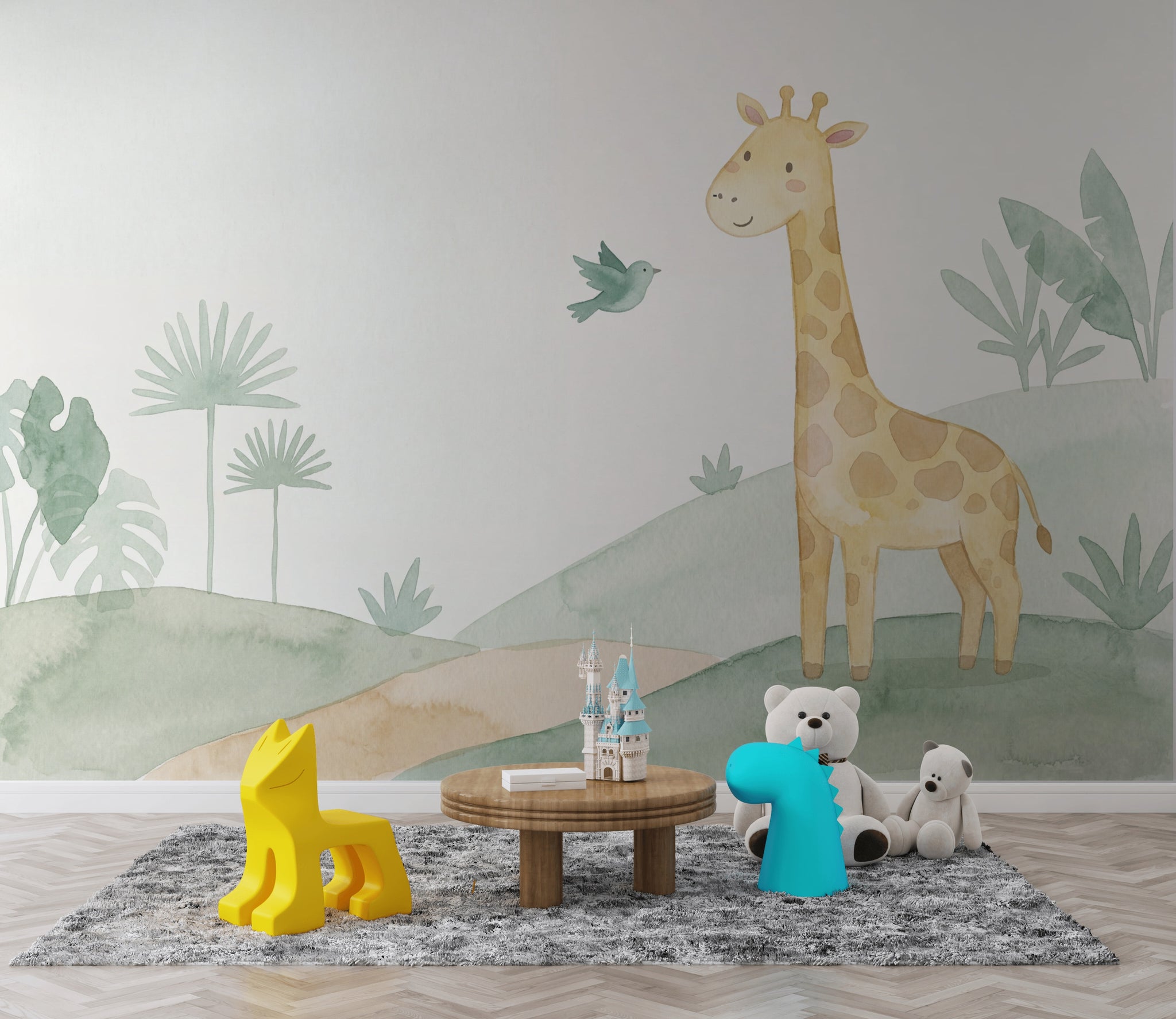 Zürafalı Poster Duvar Kağıdı Pastel Yeşil Bebek Odası