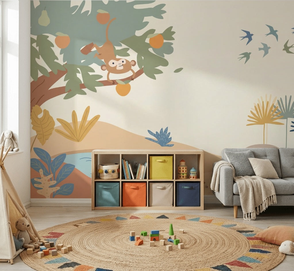 Maymunlu Orman Poster Duvar Kağıdı Pastel Çocuk Odası